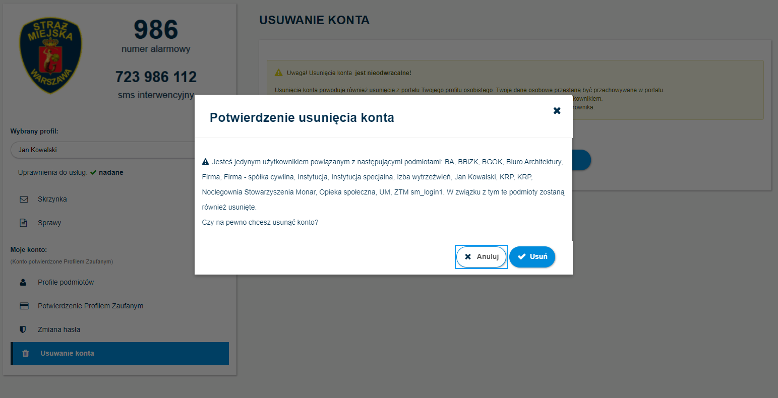 Okno potwierdzenia usunięcia konta