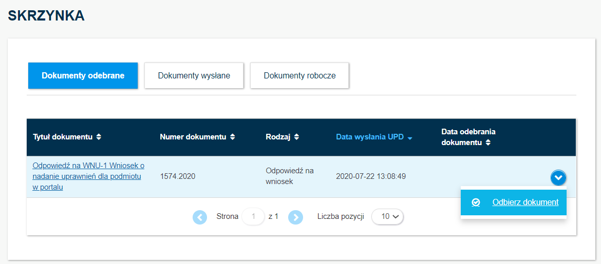 Odebranie dokumentu w skrzynce odbiorczej