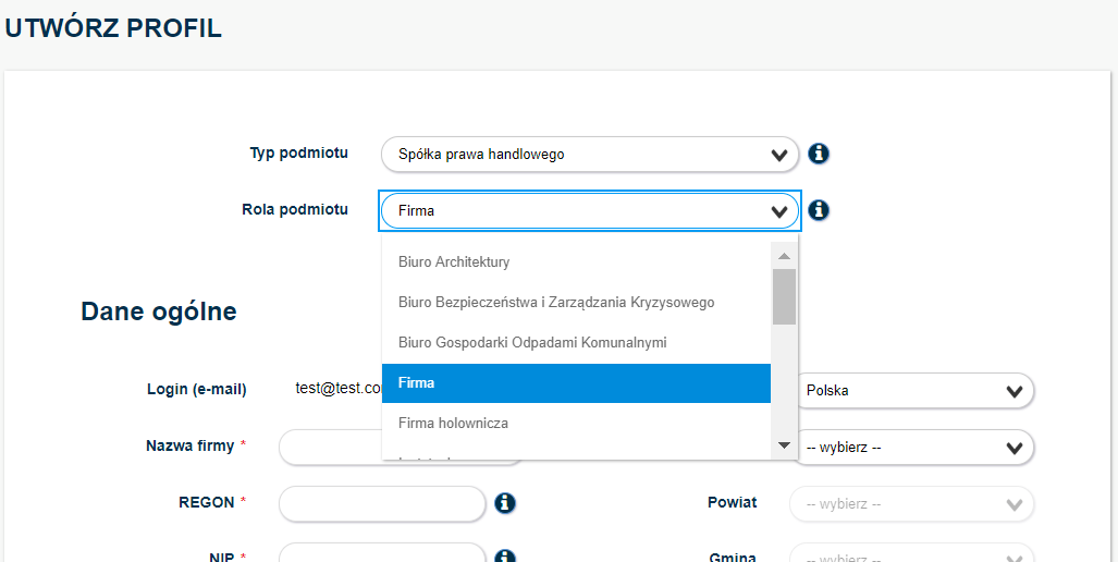 Widok tworzenia nowego profilu