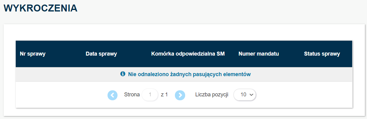 Widok przykładowej tabeli wykroczeń